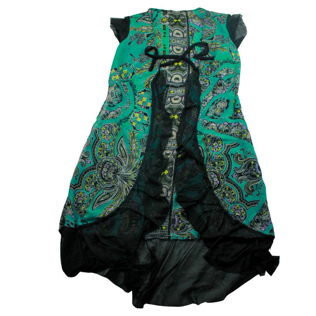 Black and Teal Floral Duster with Elegant Black Ruffles - The Modern Alien
