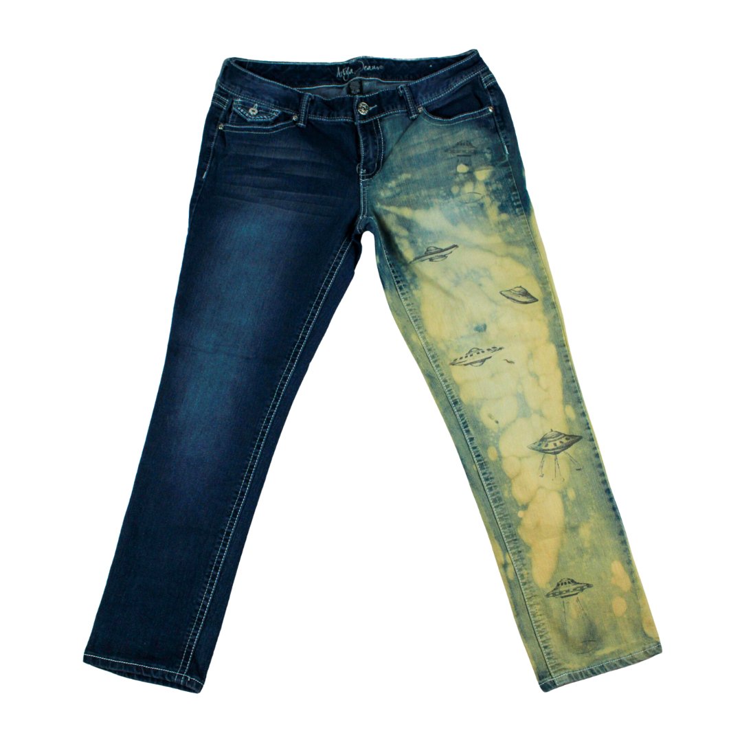 Galactic Bleach-Dyed Jeans with UFO Stamp - The Modern Alien