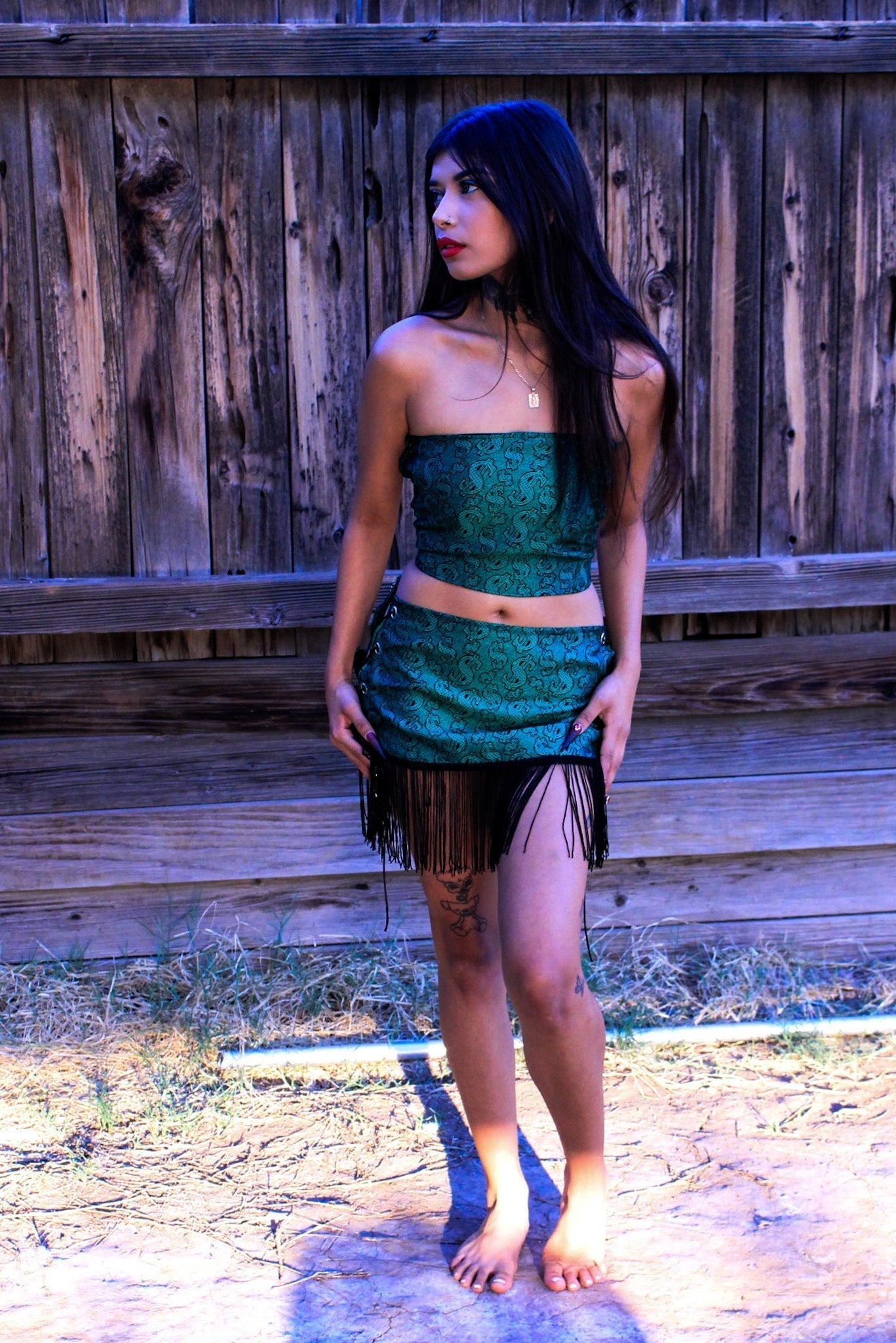 Green Pimp Money 2 - Piece Set – Tube Top & Fringe Mini Skirt - The Modern Alien