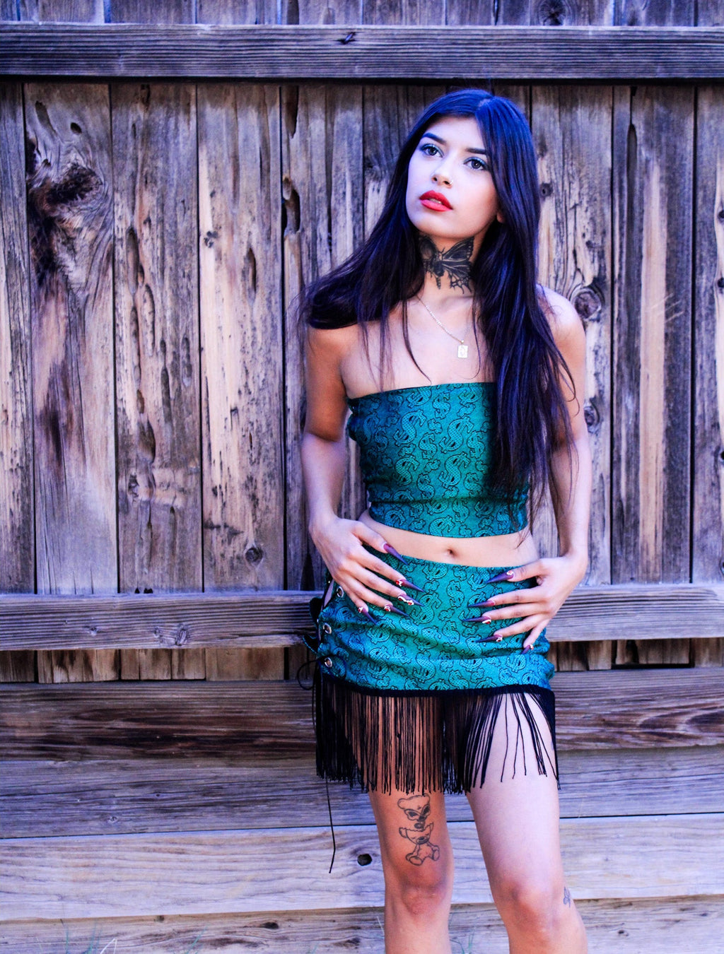 Green Pimp Money 2 - Piece Set – Tube Top & Fringe Mini Skirt - The Modern Alien