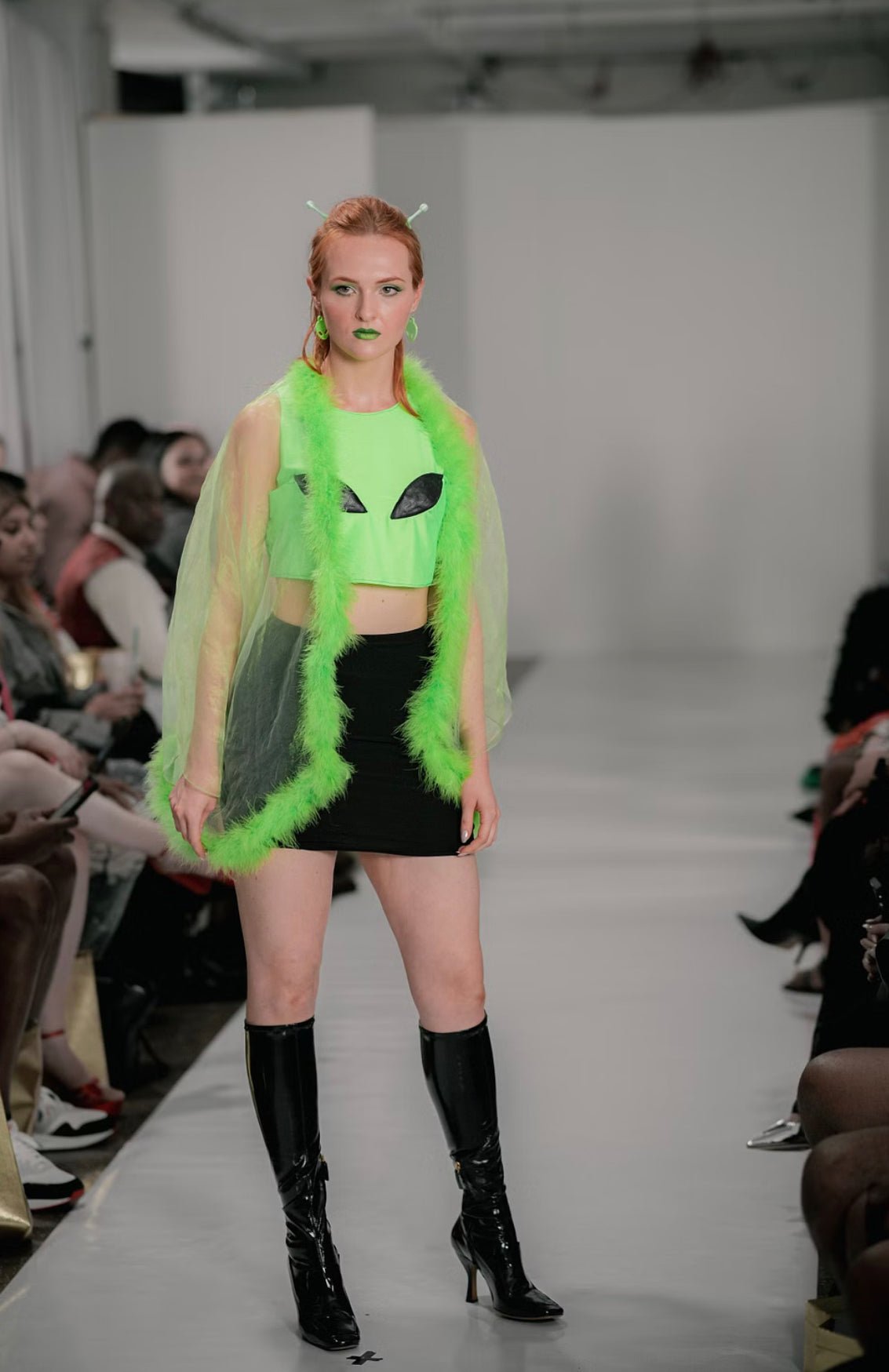 Lime Green Crop Top and Black Alien Eyes Mini Skirt Set - The Modern Alien