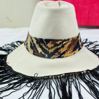 Off White Hat with Cheetah Print Band and Fringe - The Modern Alien