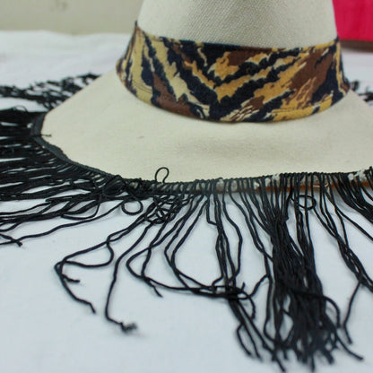 Off White Hat with Cheetah Print Band and Fringe - The Modern Alien